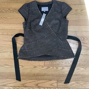 NWT - CLASSIQUES ENTIER Tiered Tweed Wool Top Blouse w/ Belt & Cap Sleeves